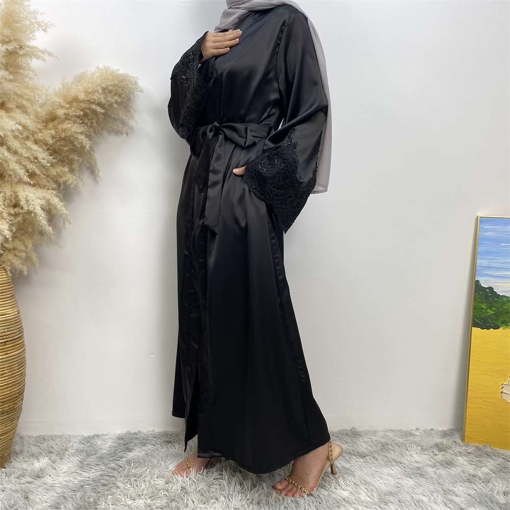 Fashionable Embroidered Robe with Patchwork and Pockets, Open Front Cardigan Dress