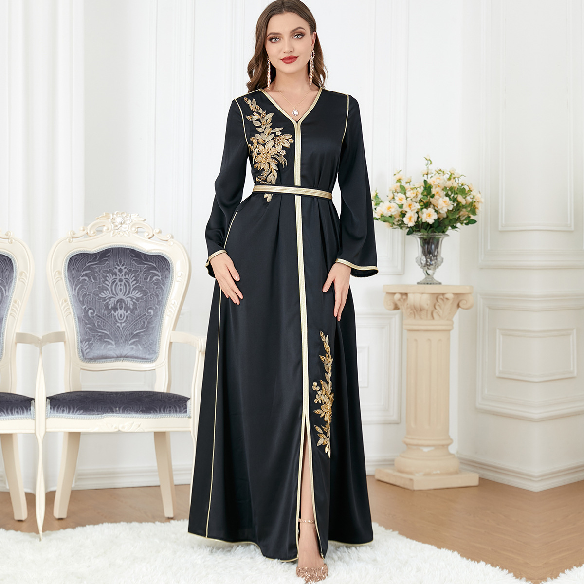 Women's Arabic Clothing Slit V-neck Long Sleeve Dress