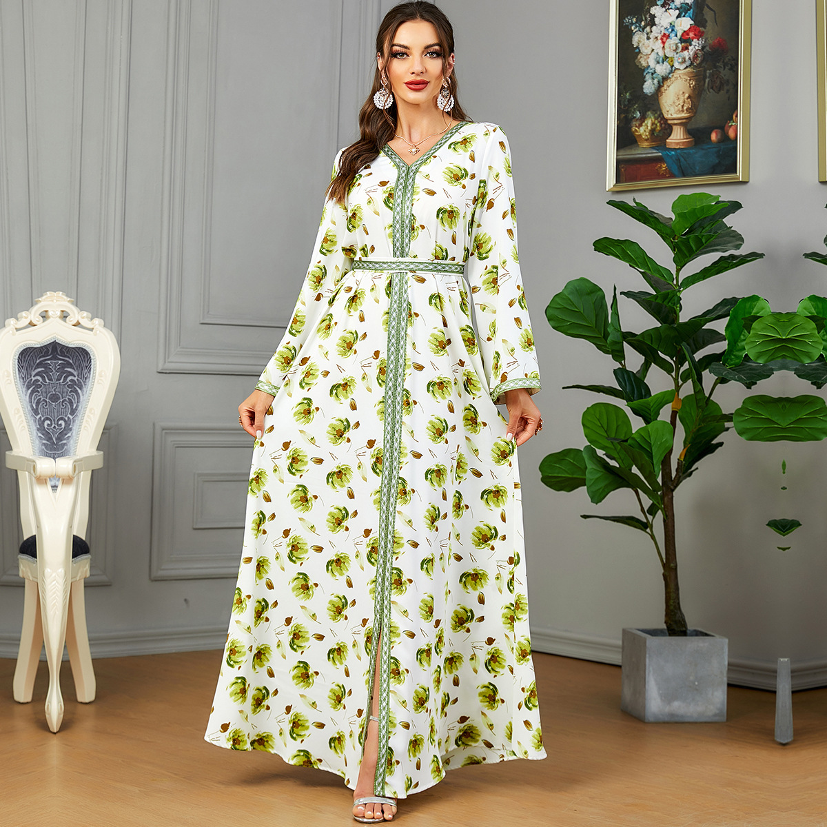 Middle East Arab clothing casual party new long skirt printed slit Dubai dress