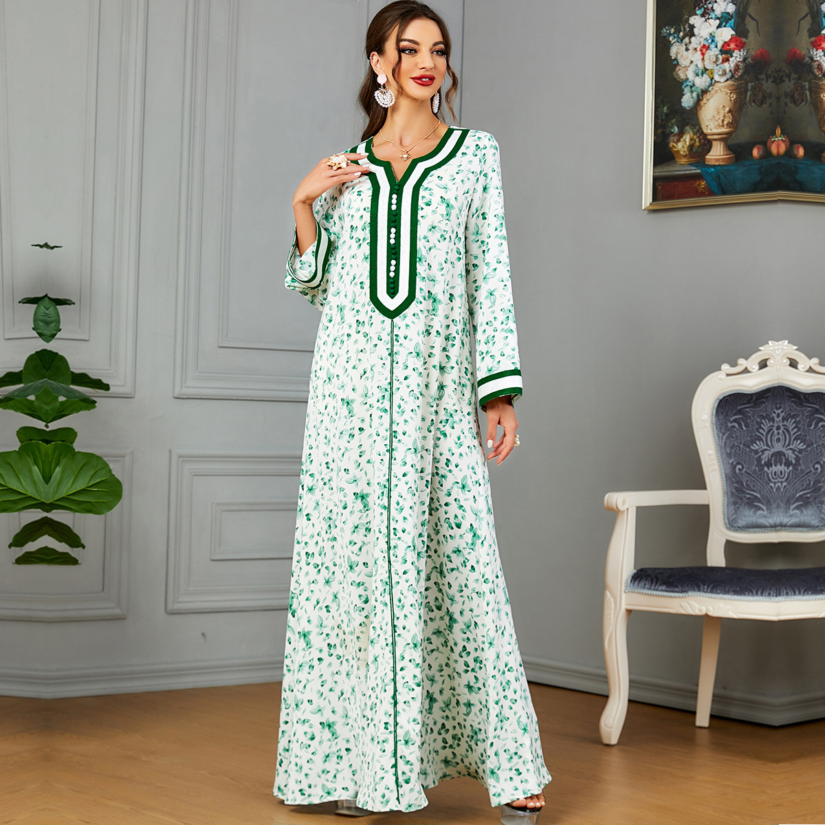 Muslim Evening Dress Towel Embroidery Women's Button Fashion Kaftan Arab Robe Dress