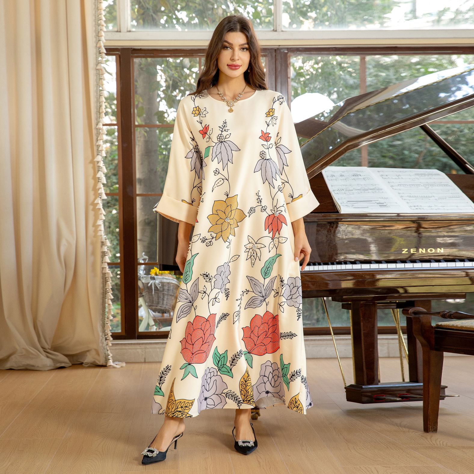 Fashionable Printed Robe with Hot-Fix Rhinestones and Beads, Muslim Eid al-Adha Middle Eastern Ethnic Style