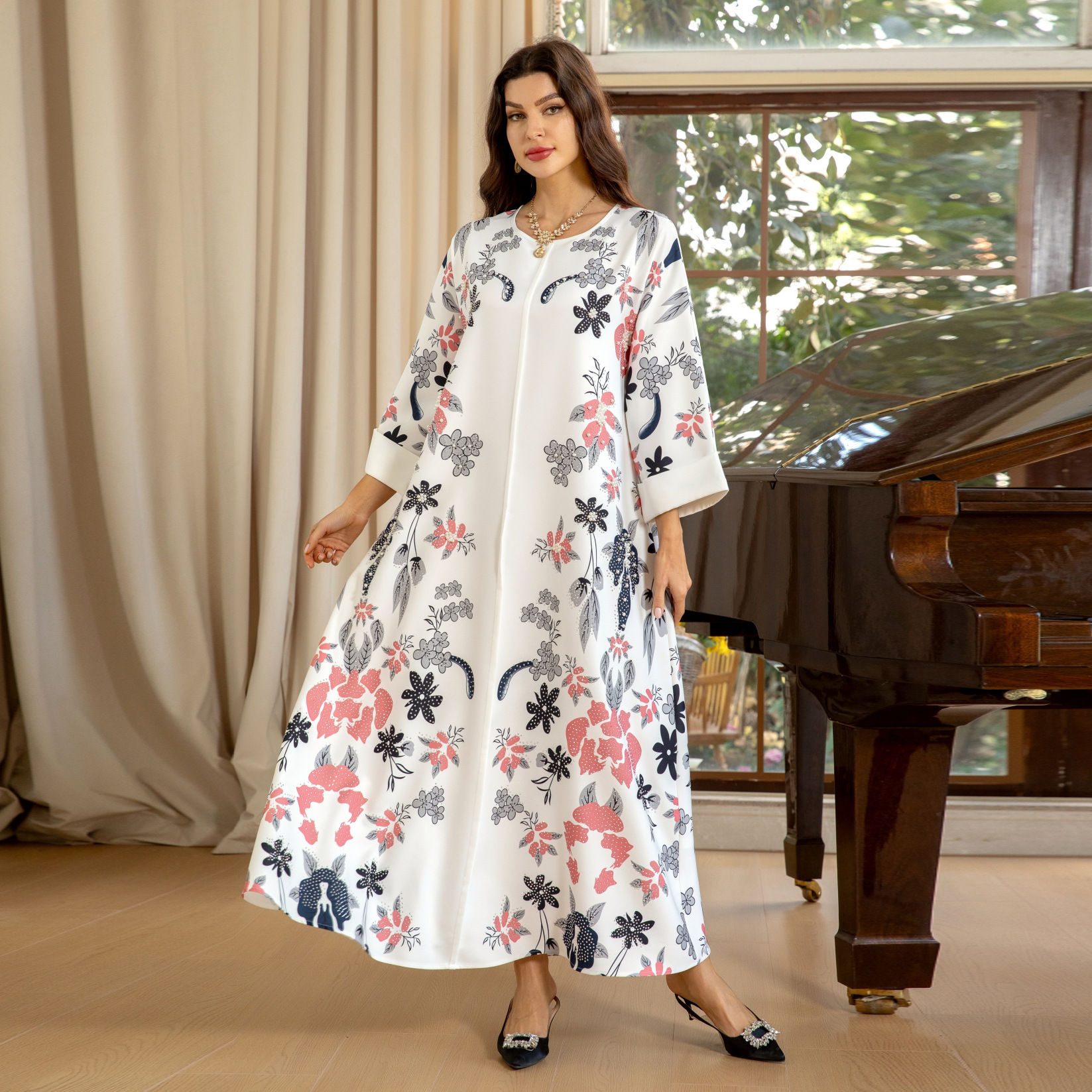 Fashionable Arabic Dubai Burnout Hot-Fix Rhinestone Dress, Middle Eastern Bestselling Women's Jalabiya Robe