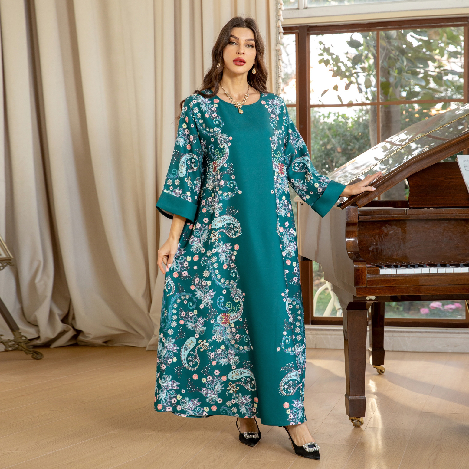 Muslim Women's Dress with Hot-Fix Rhinestones and Pearl Burnout Craft, Jalabiya Robe
