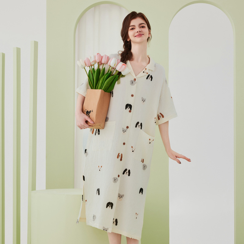 Class A Pure Cotton Nightdress for Women, Summer Double-Layer Crepe Fabric, Cute Dog Print, All-Cotton Pajamas, Loungewear, Can Be Worn Outside