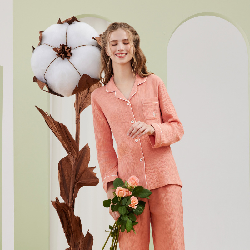 Class A Double-Layer Crepe Cotton Pajamas for Women, Spring/Autumn, Can Be Worn Outside, Pure Cotton Women's Loungewear Set