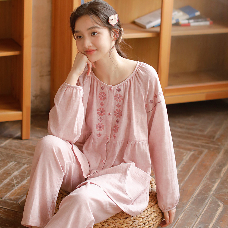 2024 Spring/Summer New Women's Double-Layer Cotton Gauze Chinese Style Embroidered Pajamas, Long Sleeve and Long Pants Set, Loungewear