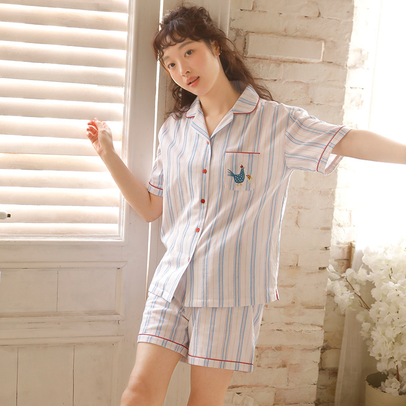 2024 New Double-Layer Cotton Women's Simple Striped Short Sleeve and Shorts Sweet Japanese-Style Pajama Set, Loungewear