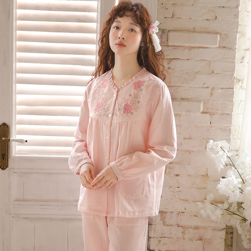 2024 New Sweet Japanese-Style Pure Cotton Double-Layer Gauze Pajamas for Women, Spring/Summer/Autumn, Cute Youthful Loungewear