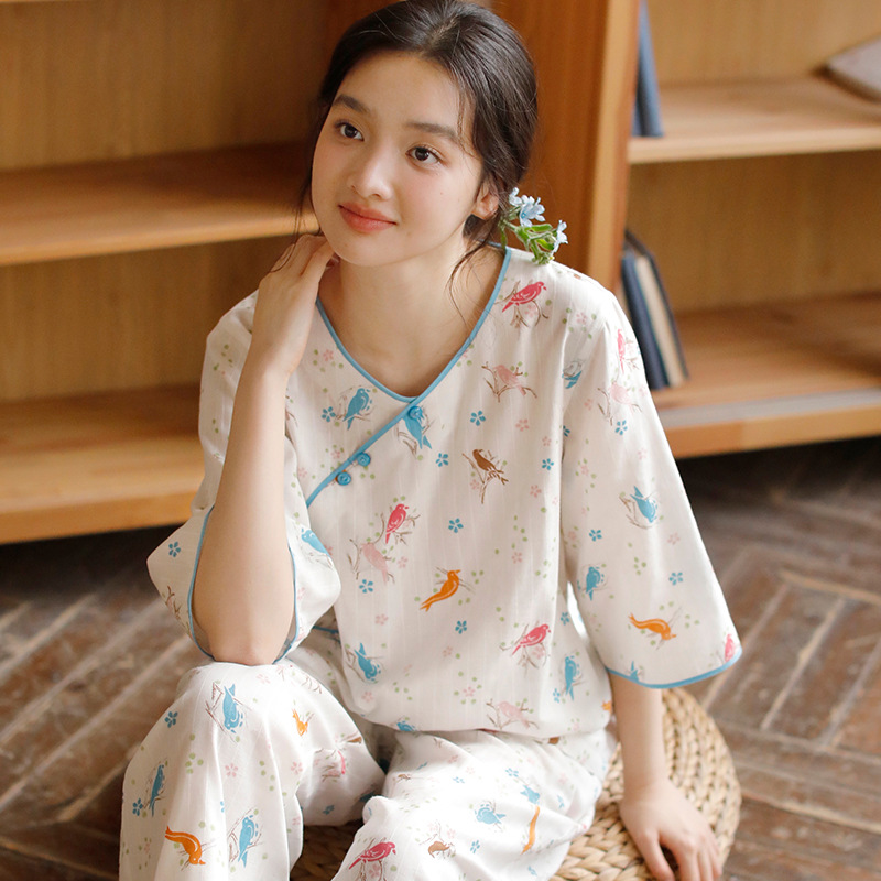 2024 Spring/Summer New Women's Double-Layer Cotton Gauze Chinese Style Pajamas, Three-Quarter Sleeve and Long Pants Set, Loungewear