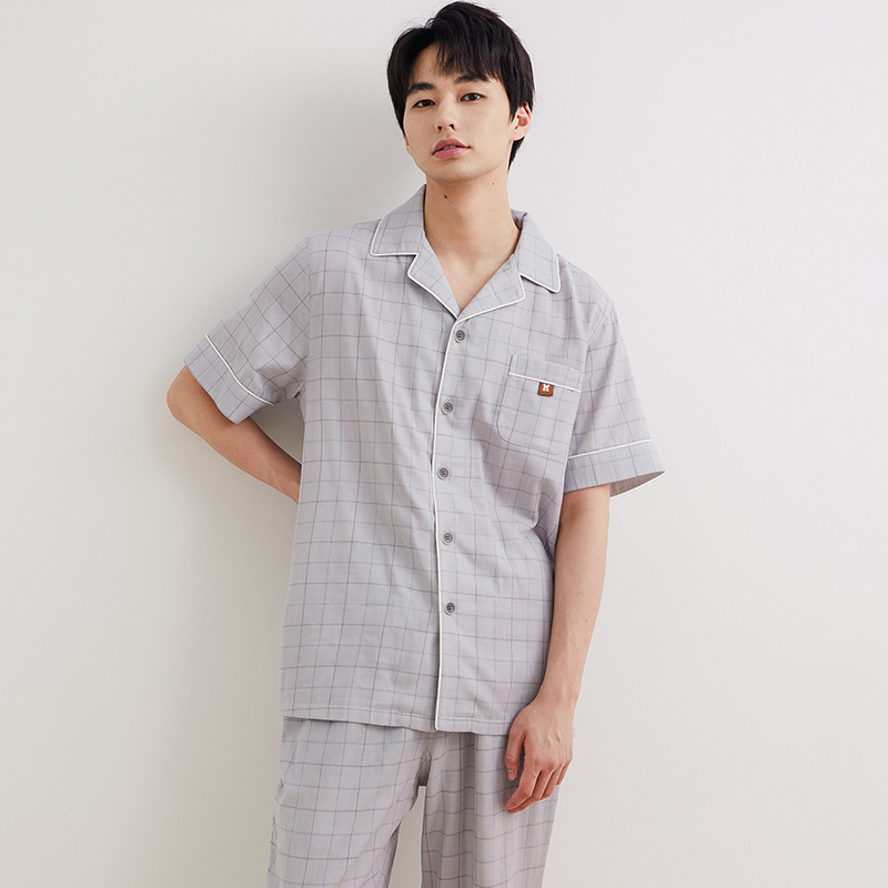 Summer Thin Double-Layer Gauze Short Sleeve and Long Pants Men's Set, Simple Large Checkered Pattern, Wearable Outside, Plus Size Men's Pajamas