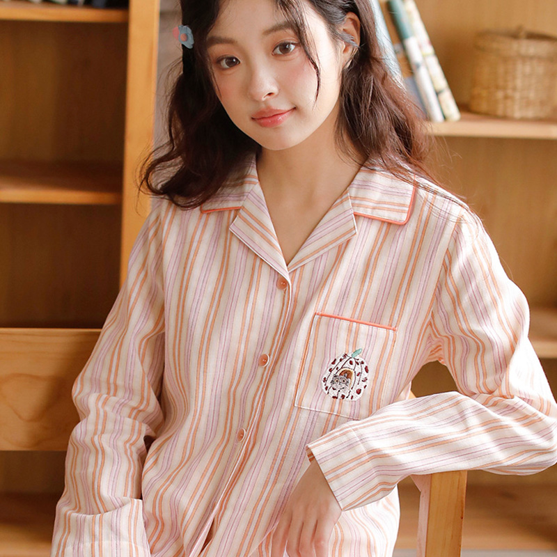 2024 Long Sleeve and Long Pants Set, Spring/Summer, Pure Cotton Double-Layer Gauze, Simple Striped, Turn-Down Collar Women's Loungewear