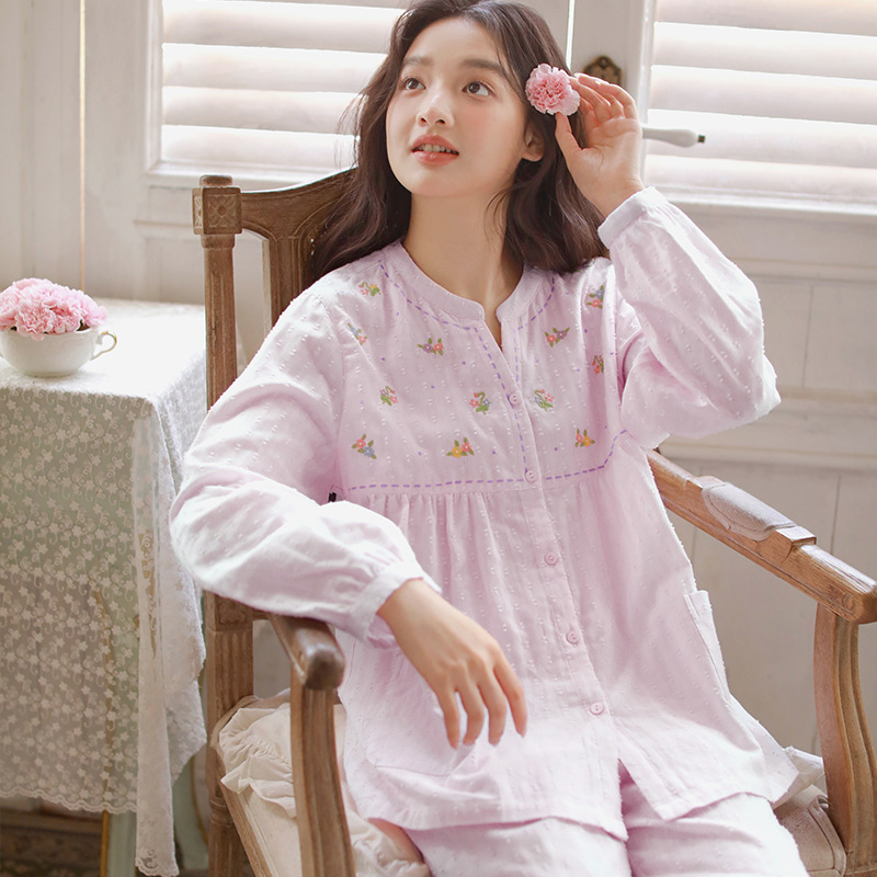 Thin spring and summer new pajamas women's spring and summer long-sleeved trousers suit cotton yarn V-neck home clothes pajamas